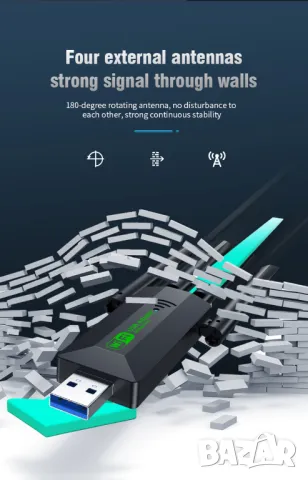 1200Mbps WiFi USB 3.0 безжичен адаптер двучестотен 2.4G+5Ghz 802.11AC интернет за компютър лаптоп, снимка 10 - Кабели и адаптери - 47075048