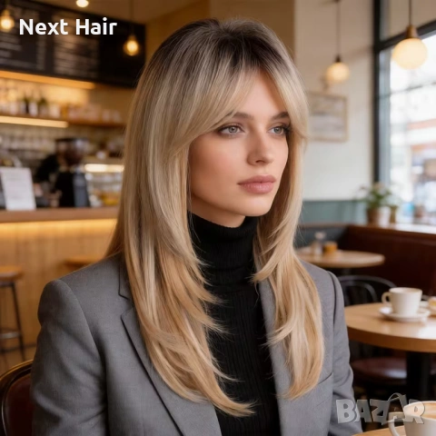 Руса перука с тъмни корени и бретон – 60 см, на пластове, синтетична