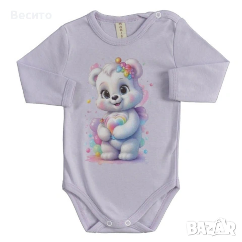 Памучно бебешко боди Rainbow Bear в розово, лилаво и цвят екрю, снимка 2 - Бодита за бебе - 53401928