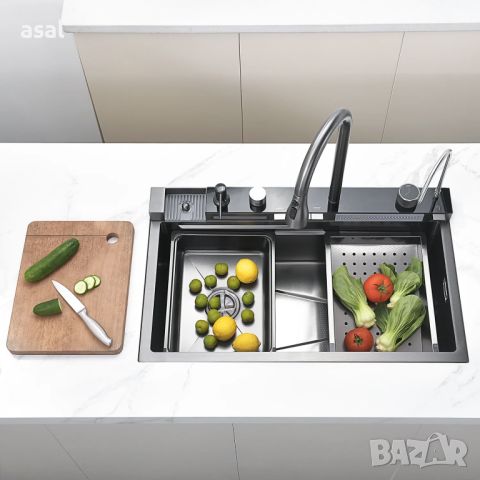 Модерна мултифункционална кухненска мивка с двоен водопад