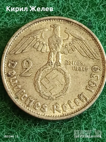 Сребърна монета 2 райхсмарки 1939г. Германия Трети Райх с Свастика за КОЛЕКЦИОНЕРИ 34839, снимка 2 - Нумизматика и бонистика - 53615578