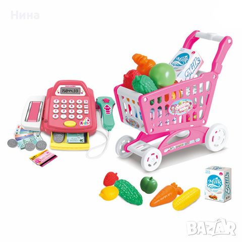 Касов апарат и количка за пазаруване с продукти, със звук и светлина , снимка 2 - Образователни игри - 45803847