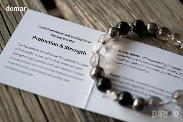 Strength & Protection Кристална лечебна гривна за жени, еластична гривна от стерлингово сребро, снимка 3 - Гривни - 45635893