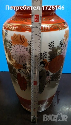 Японска порцеланова ваза (Satsuma стил), ръчно рисувана, има златни орнаменти — 21.5 см, снимка 4 - Декорация за дома - 53777915