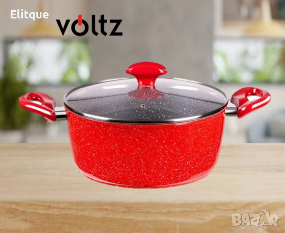 Тенджера Voltz , 2.2л./4л./6.5л.,  Мраморно покритие, Индукция, Червен, снимка 2 - Съдове за готвене - 52815771