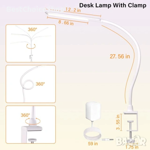 Hokone LED настолна тъч лампа, Димируема, 4 цвята, 5 нива на яркост, Гъвкаво рамо – Бяла, снимка 9 - Настолни лампи - 53674056