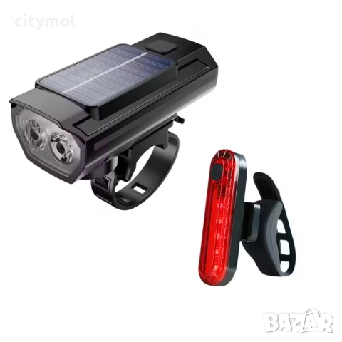 Соларен фар, задна светлина и клаксон за велосипед/скутер, двойна светлина, акумулаторна батерия, снимка 2 - Аксесоари за велосипеди - 51831001