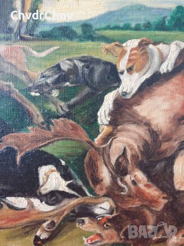 Много стара ловна картина масло върху платно, репродукция/копие на Deer Hunt (Frans Snyders) 82х50, снимка 4 - Картини - 46813480