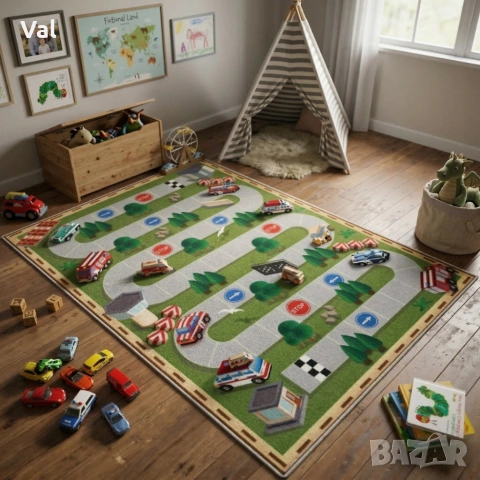 Детски килим за игра 120х160см - Тъмнозелен килим с автописта, противоплъзгащ и миещ се, снимка 5 - Килими - 53932474