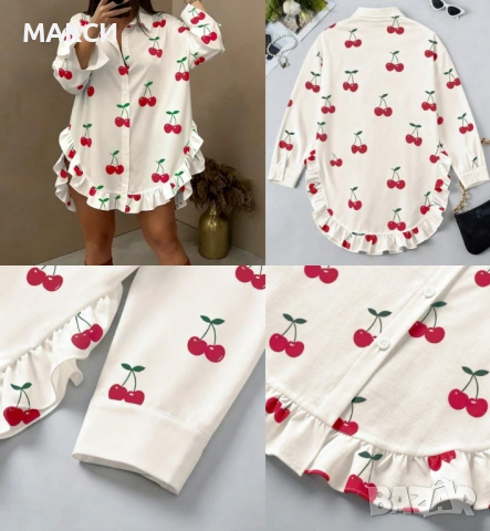 Разкошна макси модерна ефирна дълга риза с извивки и къдрички в бяло с черешки - лека и комфортна ма