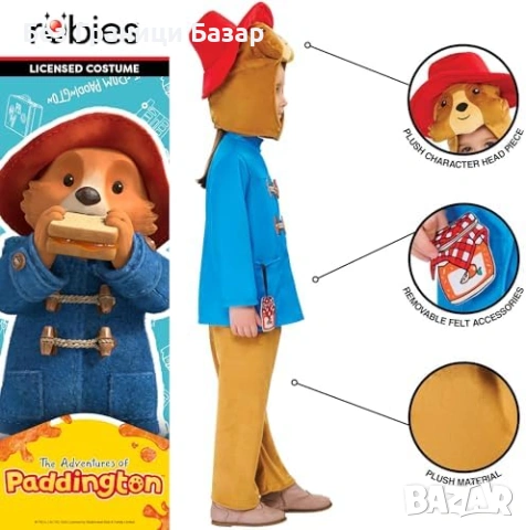 Нов Официален Paddington детски костюм Deluxe с шапка и аксесоари 5/6г