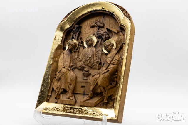 Релефна икона на Света Троица – позлатена с варак, снимка 3 - Икони - 53224866