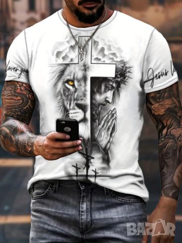 Стилна мъжка елегантна тениска с къс ръкав, шарка на кръст и лъв, снимка 4 - Тениски - 45717145
