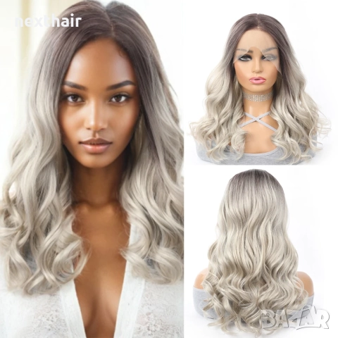 45 см перлено руса сребристо омбре перука с тъмни корени на вълни