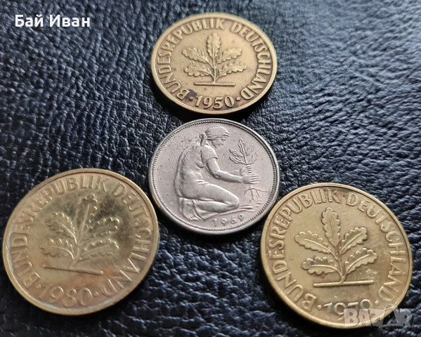 Стара монета 50 пфенига 1969 г. и 10 пфенига 1950 , 1979 и 1980 г.- Германия - топ цена !, снимка 7 - Нумизматика и бонистика - 42402355