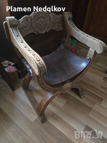 Старо столче,седалка кожа със подлакътници , снимка 5 - Антикварни и старинни предмети - 51513493