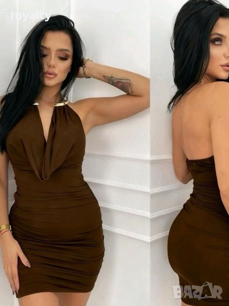 Кафява сатенена рокля със секси деколте, снимка 1