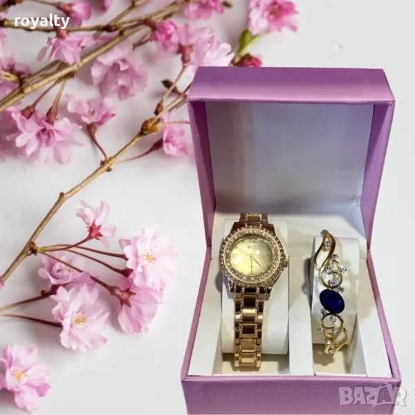 Луксозен дамски комплект – елегантен часовник и изискана гривна със скъпоценни камъни, снимка 1