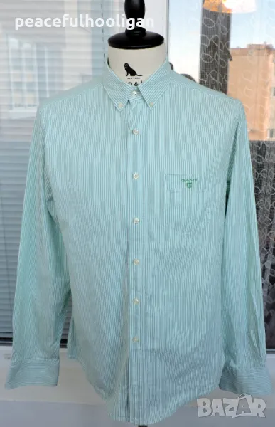 Gant Men`s Tee-Off Comfort Oxford Green/White Striped Long Sleeve Shirt Size L, снимка 1