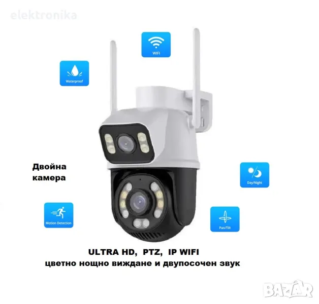 Двойна WIFI, IP ULTRA HD PTZ, камера с две антени с цветно нощно виждане и двупосочен звук, снимка 1