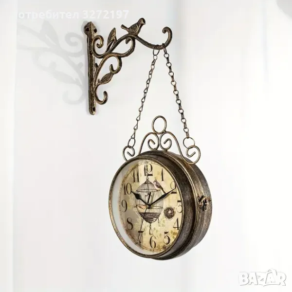 Винтидж двустранен безшумен стенен часовник+стойка за окачване,ковано желязо, снимка 1