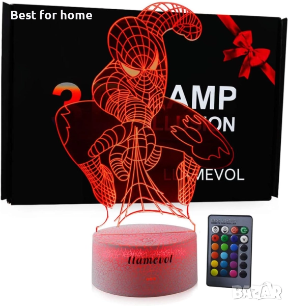  3D  Спайдърмен детска нощна лампа 7 цвята дистанционно управление, снимка 1
