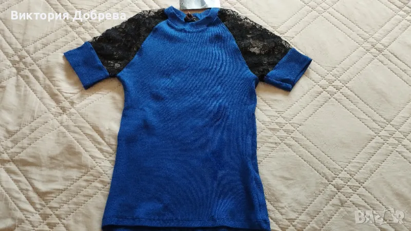 Блуза с дантела в турско синьо, S-M, снимка 1