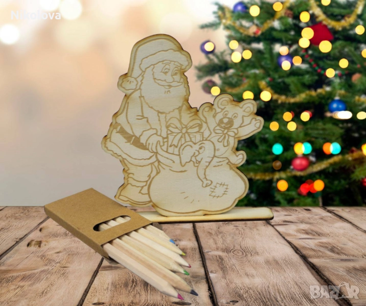 Коледна дървена фигурка за оцветяване със стойка и моливи, снимка 1