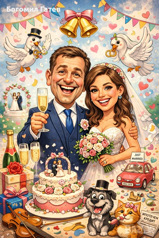 Сватбена карикатура по снимка – JPG файл | Уникален подарък за младоженци, снимка 1