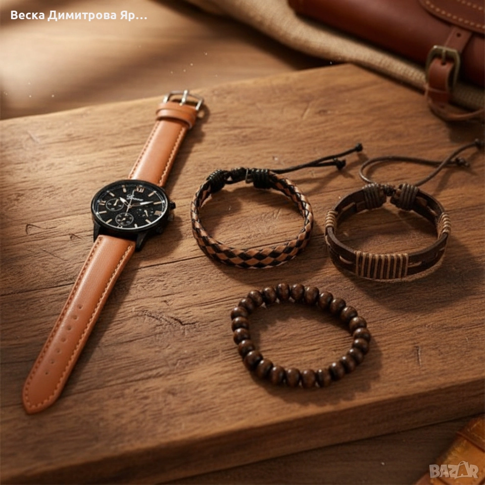Комплект ръчен часовник с три гривни – стилен аксесоар за всеки повод, снимка 1