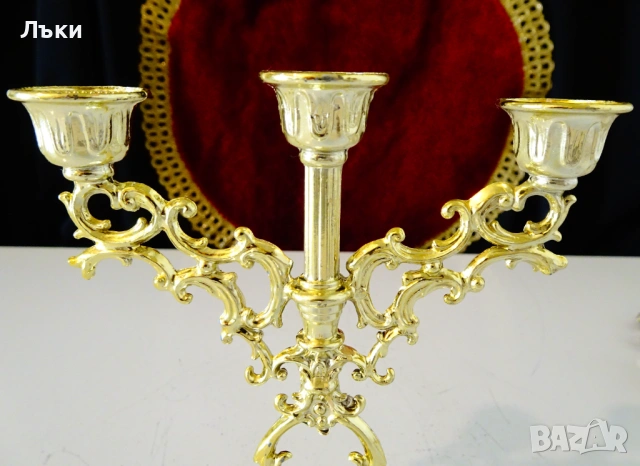 Калаен троен свещник тройка,посребрен,позлатен. , снимка 4 - Антикварни и старинни предмети - 53650541