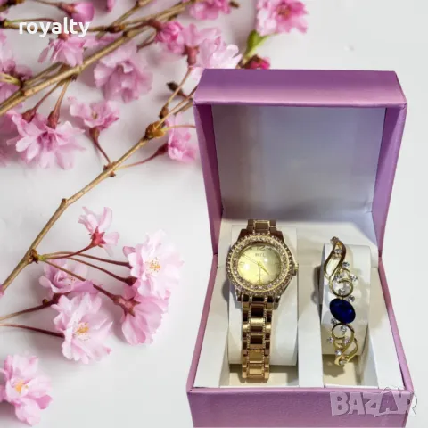 Луксозен дамски комплект – елегантен часовник и изискана гривна със скъпоценни камъни