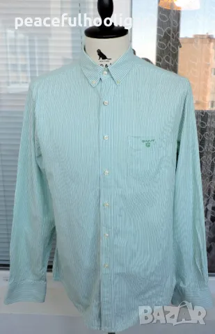 Gant Men`s Tee-Off Comfort Oxford Green/White Striped Long Sleeve Shirt Size L, снимка 1 - Ризи - 49034199