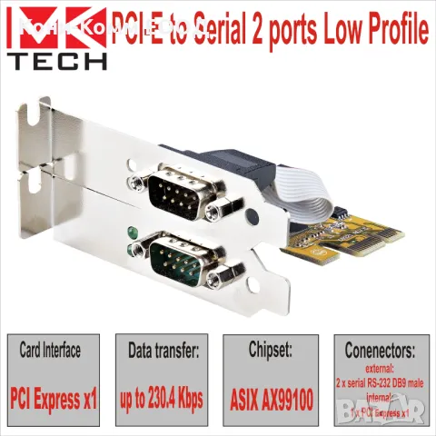 PCI-E to Serial 2 ports Low Profile MKTECH - НОВИ, снимка 1 - Мрежови адаптери - 40800103