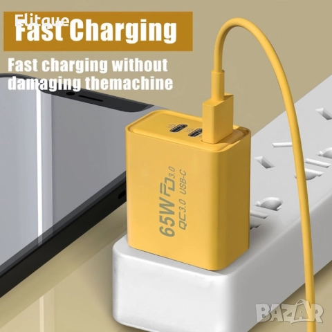 Бързо зарядно устройство 65W, 3 порта - 2x USB-C PD и 1x USB-A, снимка 4 - Друга електроника - 52596619