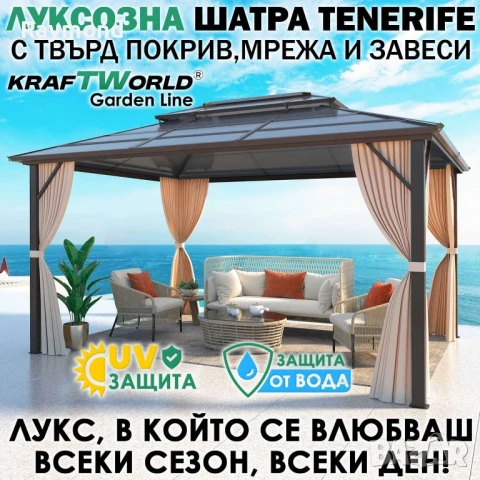 Луксозна Шатра KraftWorld Tenerife – 3×4 м с Твърд Покрив,Мрежа и Завеси