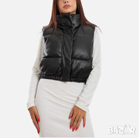 Черна Дамска кожена ватирана грейка, снимка 2 - Елеци - 51280560