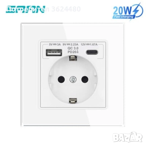 LUX USB Контакт с Бързо Зареждане 20W USB AплюсC, Бял Стъклен Панел