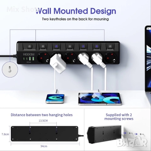 Индивидуално превключващ се разклонител с 6 контакта и 3 USB-A и 1 USB-C, снимка 4 - Друга електроника - 53916281
