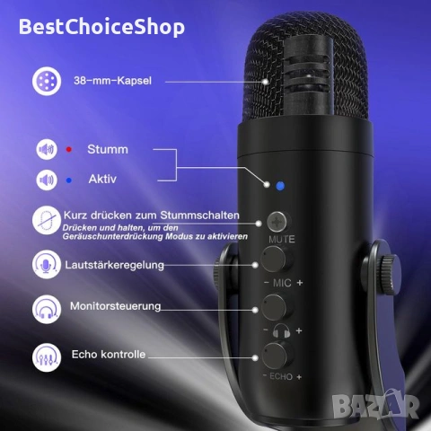  USB кондензаторен микрофон за PC, Mac, мобилен телефон, PS4, PS5,  за игри, подкаст, запис, стрийм, снимка 11 - Микрофони - 53614890