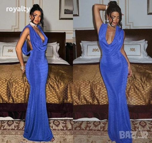 Синя рокля с цепка,, гол гръб и обло деколте, класически дизайн, снимка 2 - Рокли - 52142304