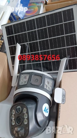 Двойна соларна безжична въртяща камера 4G 6MP 10zoom работи с СИМ SIM карта мобилни данни от тел. оп