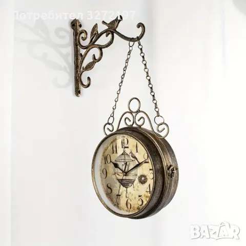 Винтидж двустранен безшумен стенен часовник+стойка за окачване,ковано желязо, снимка 1