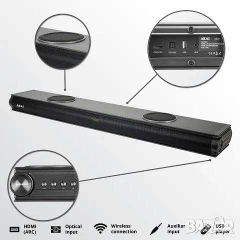 НОВ Саундбар Soundbar AKAI ASB Серия, 2 bass отделни Говорителя, Bluetooth 5.0, Черен - 24 месеца га, снимка 3 - Тонколони - 48275747