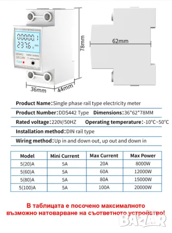 Монофазен електромер за DIN шина, 80A, 36мм, снимка 3 - Друга електроника - 49698517