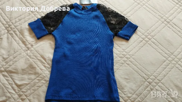 Блуза с дантела в турско синьо, S-M