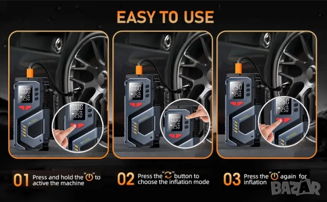 Преносим акумулаторен компресор за гуми, 150 PSI , снимка 8 - Аксесоари и консумативи - 52420169