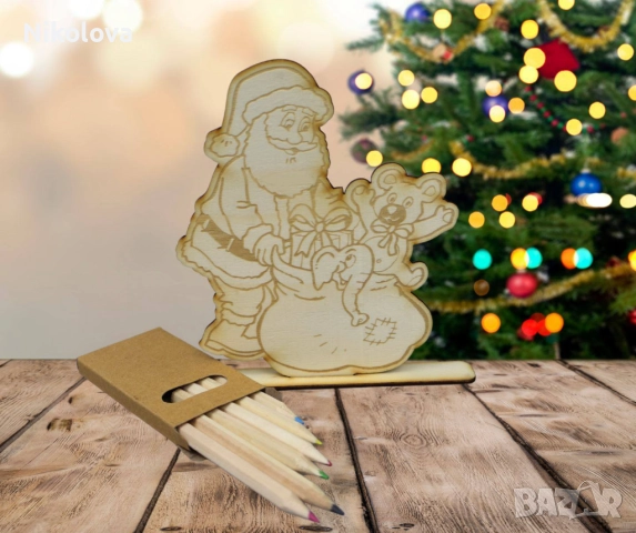 Коледна дървена фигурка за оцветяване със стойка и моливи
