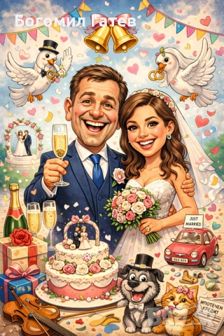 Сватбена карикатура по снимка – JPG файл | Уникален подарък за младоженци