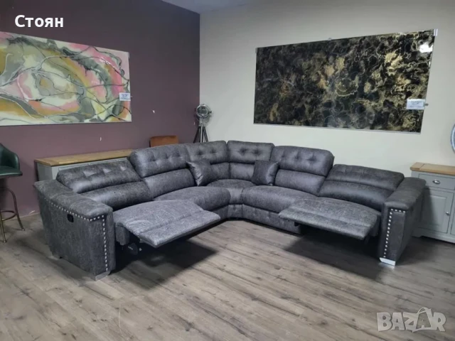 Кафяв ъглов диван от плат La-z-boy с ръчен релаксиращ механизъм, снимка 4 - Дивани и мека мебел - 50838162